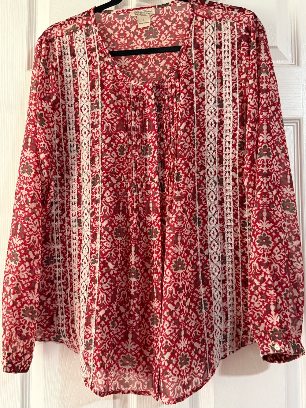 Lucky Brand blouse Red Floral Boho Lace Peasant large Woman